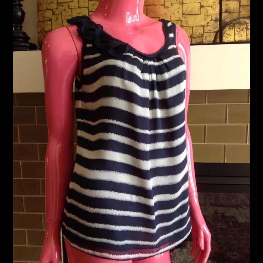 Georges Rech 36 4 Silk Blouse Navy White Print